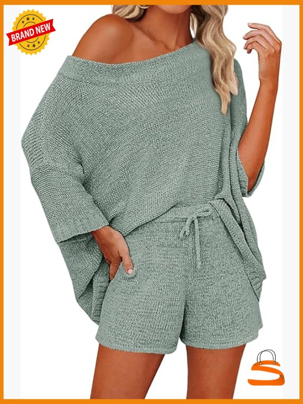 Off Shoulder Knit Top & Shorts 2 Piece Pajama Lounge Set
